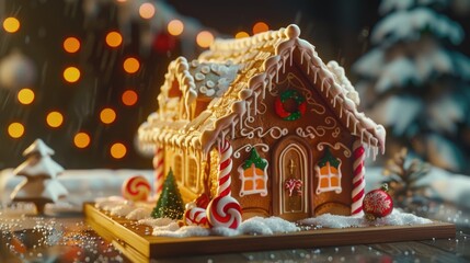 Fototapeta premium Sweet Christmas gingerbread house with candy decorations on a snowy night.