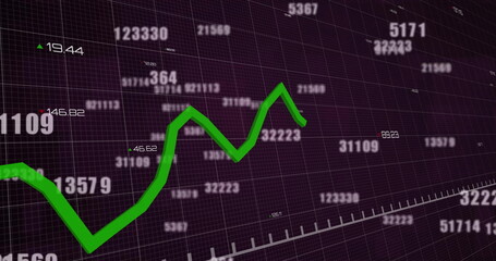 Image of financial data processing over grid on black background