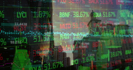 Image of stock market and diagrams over cityscape