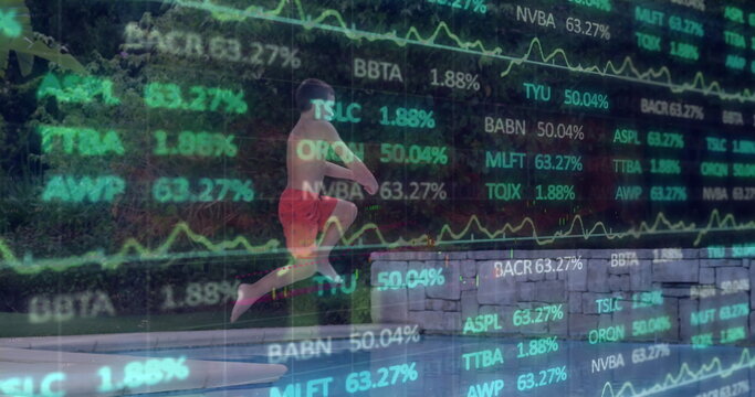 Image of stock market and diagrams over caucasian boy jumping into pool