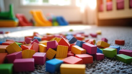 Colorful wooden building blocks scattered on a carpet, indicating children's play and early education.