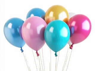 A bunch of balloons in the colors of blue, pink and yellow.