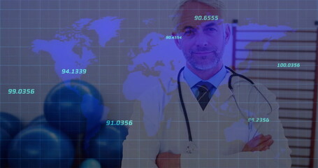 Image of financial data processing and world map over caucasian male doctor with stethoscope
