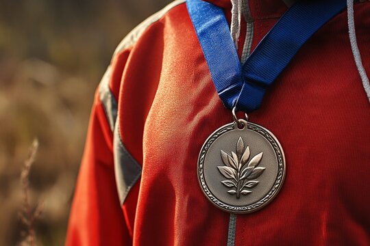 Runner displays a silver medal after winning a local marathon in the early morning light of a vibrant autumn day