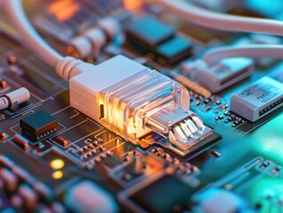 Microstock image showing a close-up of an Ethernet connector on a computer board, highlighting technology and computing concepts.