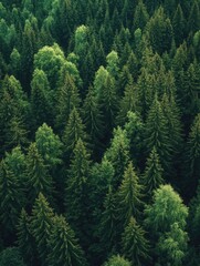 Obraz premium Vibrant, dense forest of coniferous trees with sunlight filtering through.