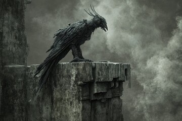Fototapeta premium Mechanical Raven Perched on Ruined Structure