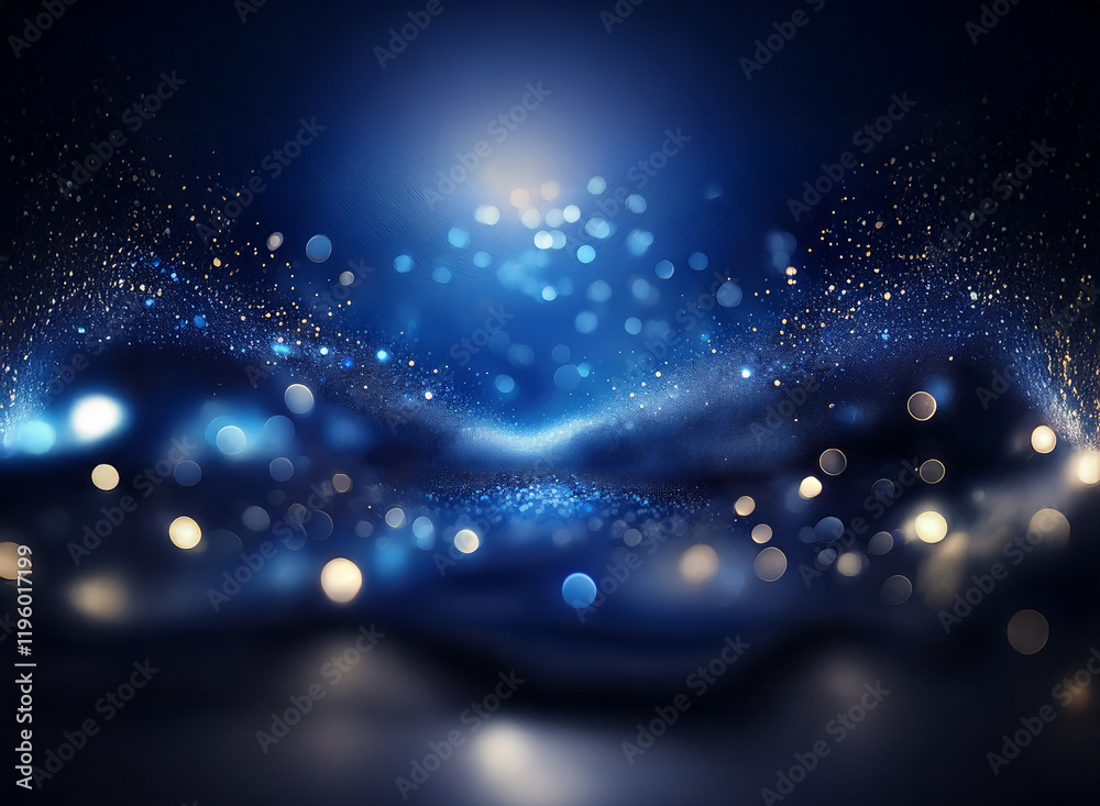Poster abstract image of a dark blue, glittering, ethereal landscape. shimmering particles and bokeh effect