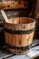 A wooden bucket with a wooden handle sitting on a shelf.