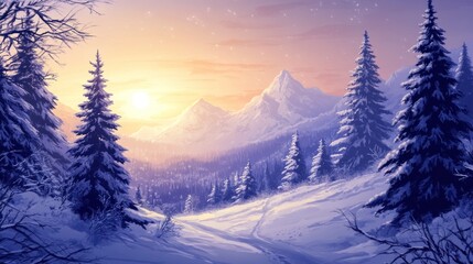 Serene winter landscape at sunset with mountains.