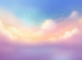 Soft pastel sunset hues paint the sky, fluffy clouds drift across a tranquil, dreamy landscape.  The gentle light reflects on a calm surface below.