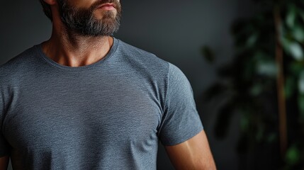 Overweight man in a fitted T-shirt standing confidently against a dark background. Mens Health Week