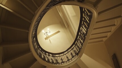 Fototapeta premium Spiral staircase with a light shining on it. The light is coming from a chandelier