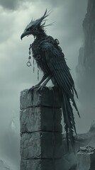 Fototapeta premium A Mechanical Raven Perched Upon A Ruined Stone Pillar
