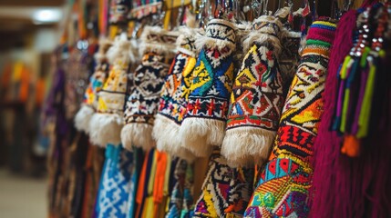 Fototapeta premium Colorful traditional textiles hanging for sale.
