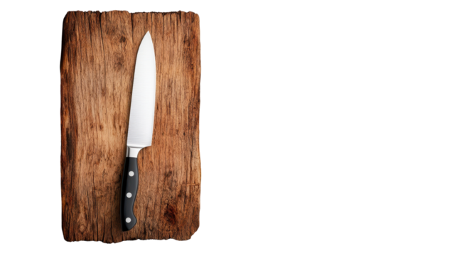A sharp chef knife resting on a wooden cutting board. transparent background