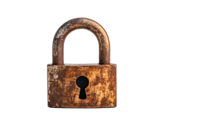 A close-up of a rusty padlock symbolizing security and privacy. transparent background