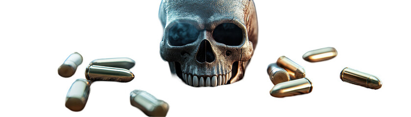 Obraz premium A detailed skull surrounded by scattered bullet casings. transparent background