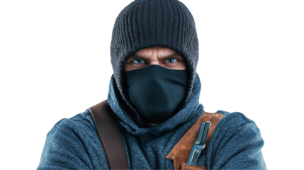 A mysterious figure wearing a mask and knit beanie outdoors. transparent background