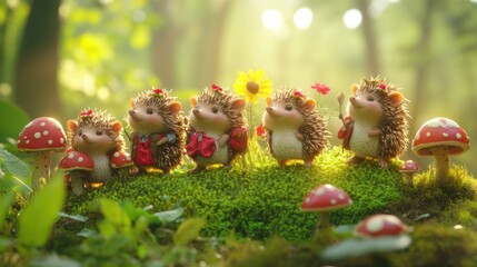 Hedgehogs on a Mossy Path in a Forest