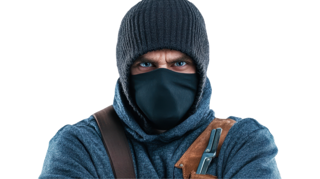 A mysterious figure wearing a mask and knit beanie outdoors. transparent background