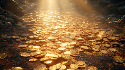 A treasure chest overflowing with gold coins set in an ancient dungeon bathed in soft daylight symbolizes wealth discovery mystery adventure and the allure of hidden riches inspiring endless curiosity