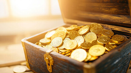 A treasure chest overflowing with gold coins set in an ancient dungeon bathed in soft daylight symbolizes wealth discovery mystery adventure and the allure of hidden riches inspiring endless curiosity