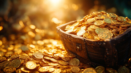 A treasure chest overflowing with gold coins set in an ancient dungeon bathed in soft daylight symbolizes wealth discovery mystery adventure and the allure of hidden riches inspiring endless curiosity