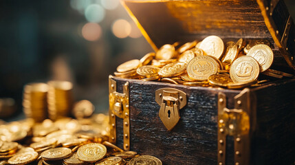 A treasure chest overflowing with gold coins set in an ancient dungeon bathed in soft daylight symbolizes wealth discovery mystery adventure and the allure of hidden riches inspiring endless curiosity