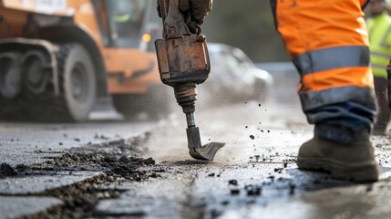 A close-up shot of a construction worker using a pneumatic jackhammer to break concrete on a road repair site, Road repair scene, Demolition work style