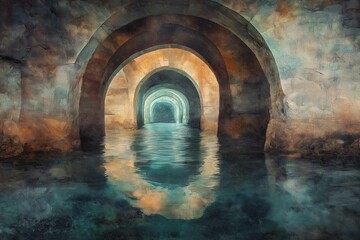 Naklejka premium underground lake inside cave with remains of the old town and corridors, digital painting