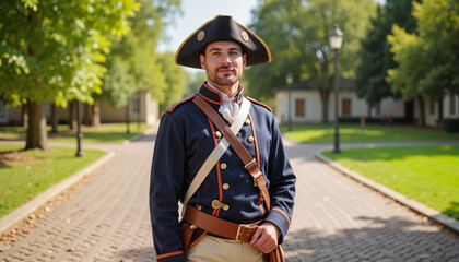 Man in historical military uniform standing on cobblestone street