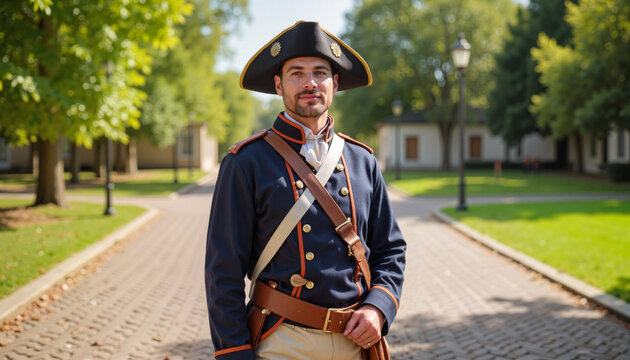 Man in historical military uniform standing on cobblestone street
