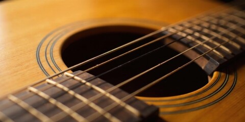 Fototapeta premium Close-up view of acoustic guitar strings and soundhole, showcasing intricate detail and warm wood tones