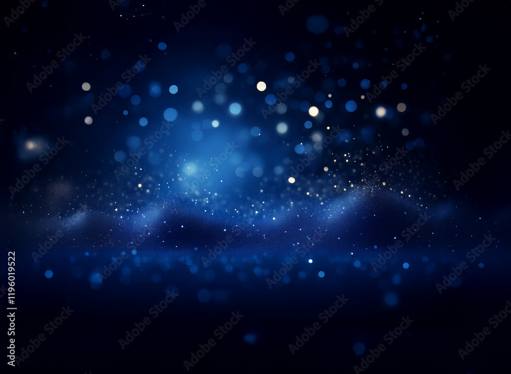Poster abstract image of a dark blue, almost black, background with glowing particles and bokeh lights crea