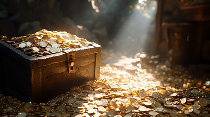 A treasure chest overflowing with gold coins set in an ancient dungeon bathed in soft daylight symbolizes wealth discovery mystery adventure and the allure of hidden riches inspiring endless curiosity
