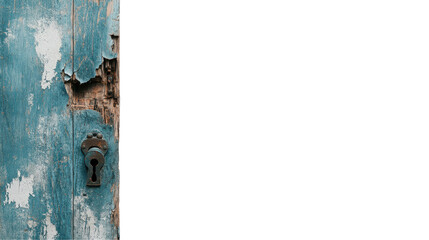 A weathered blue door showcasing rustic charm and textures. transparent background
