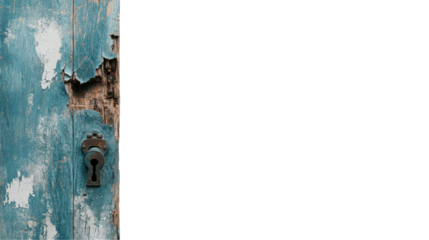 A weathered blue door showcasing rustic charm and textures. transparent background