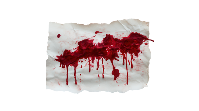 Artistic representation of crimson splatters on paper. transparent background