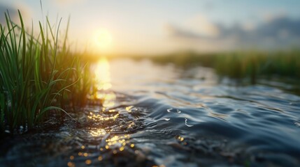 Obraz premium A serene landscape featuring sunlight reflecting on water, surrounded by lush grass, creating a tranquil atmosphere.