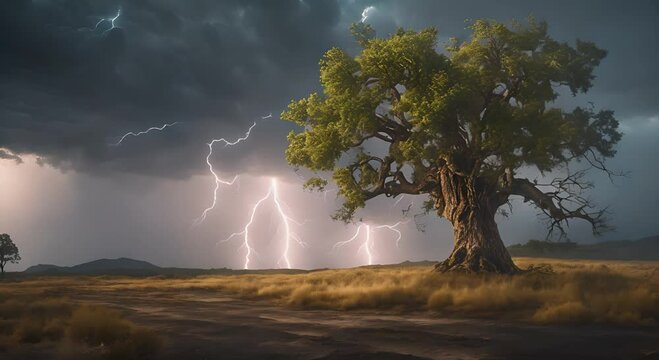 A tree stands in its wasteland in the background there is a roar of storm and lightning 4K