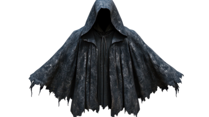 Mysterious black cloak with a hood, embodying dark mystique. transparent background