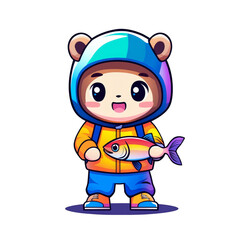 Obraz premium Child holding a fish playful park cartoon character bright atmosphere front view fun activity