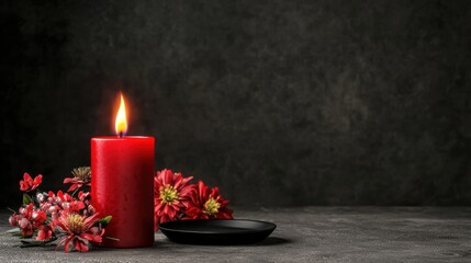 Spring flowers and red candle on table cozy indoor setting
