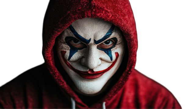 Mysterious figure with a menacing clown mask in a red hoodie. transparent background