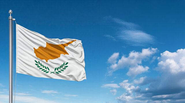 national flag of Cyprus waving against blue sky, official flag of the nation, blowing in the wind
