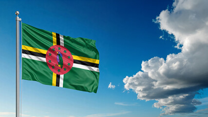 national flag of Dominica waving against blue sky, official flag of the nation, blowing in the wind