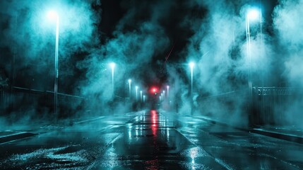 Eerie Night Street Scene Foggy, Wet Road with Glowing Lights.