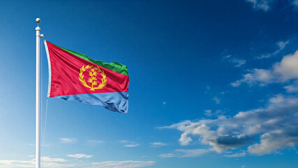 national flag of Eritrea waving against blue sky, official flag of the nation, blowing in the wind

