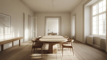 Fototapeta premium D rendered modern dining room with light oak furniture and a tranquil, airy ambiance.